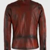 Back view of men's maroon distressed leather cafe racer jacket with snap tab collar and chest zippers.