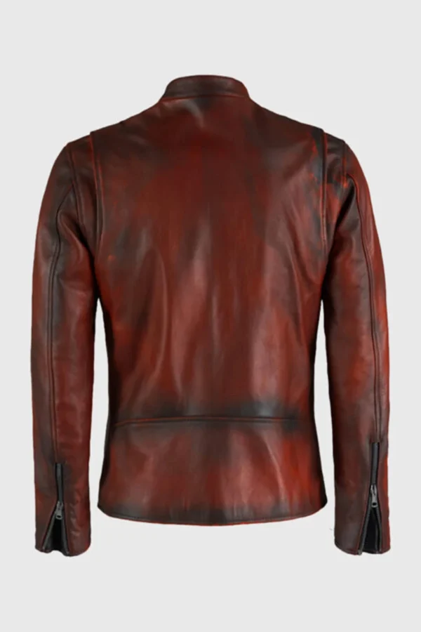 Back view of men's maroon distressed leather cafe racer jacket with snap tab collar and chest zippers.