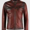 Front view of men's maroon distressed leather cafe racer jacket with snap tab collar and chest zippers.