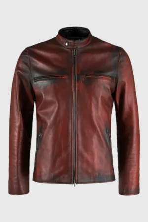 Front view of men's maroon distressed leather cafe racer jacket with snap tab collar and chest zippers.